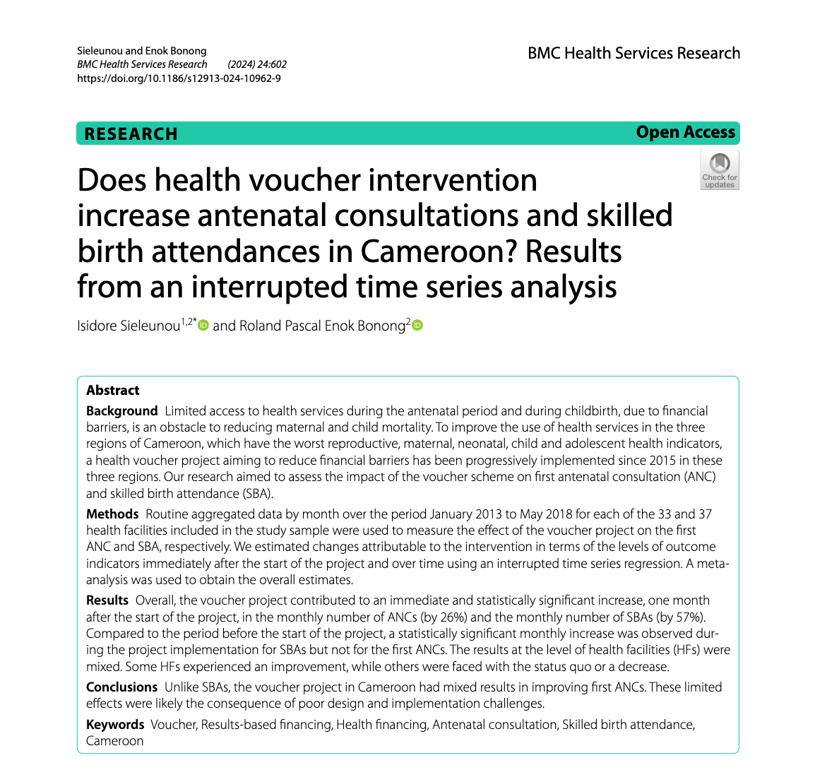 Les bons de santé augmentent-ils les consultations prénatales et les accouchements assistés par un personnel qualifié au Cameroun ? Résultats d'une analyse de séries temporelles interrompues